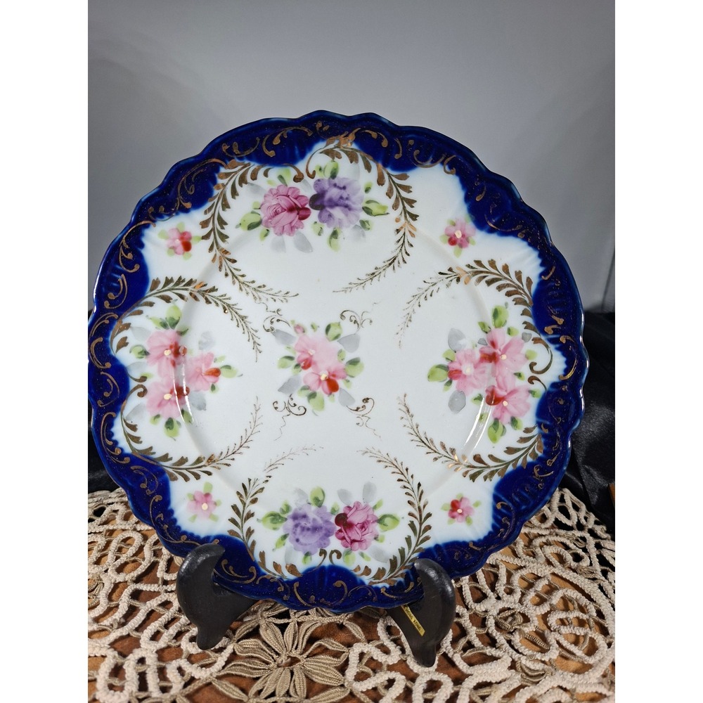 Vintage Cobalt Blue Gold Gilt Floral Porcelain Scalloped Cabinet Plate 7.25in